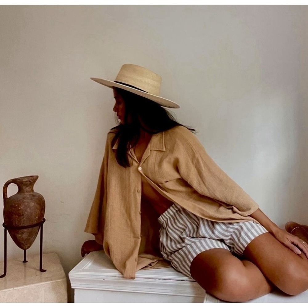Na Nin $148 Tummy Waffled Cotton Button Up Shirt Toffee O/S